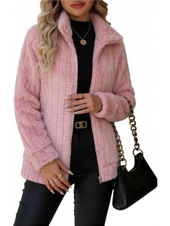 Jackets & Blazers - Women's Pink Red Full Zip Stand Collar Fleece Sherpa Pockets long sleeve Jacket